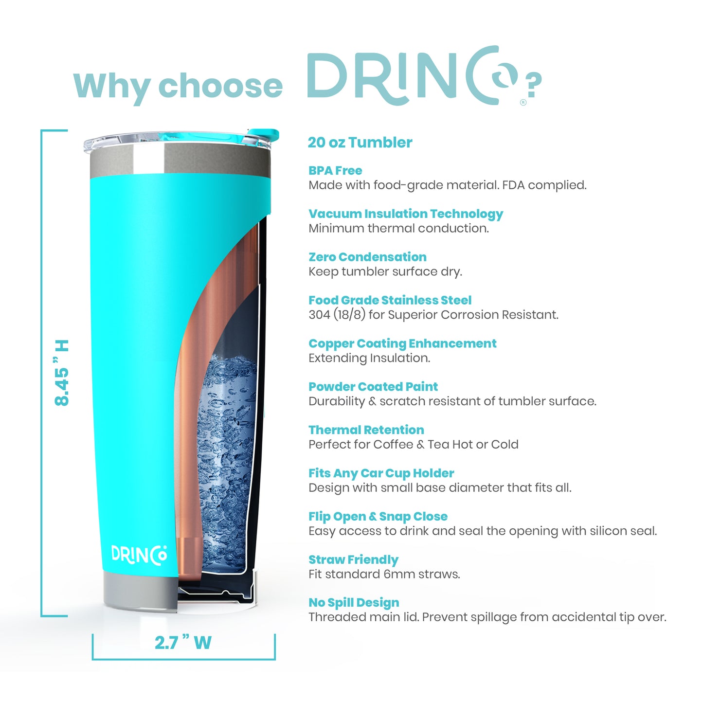 DRINCO® 20oz Insulated Tumbler w/Spill Proof Lid, 2 Straws(Purple)
